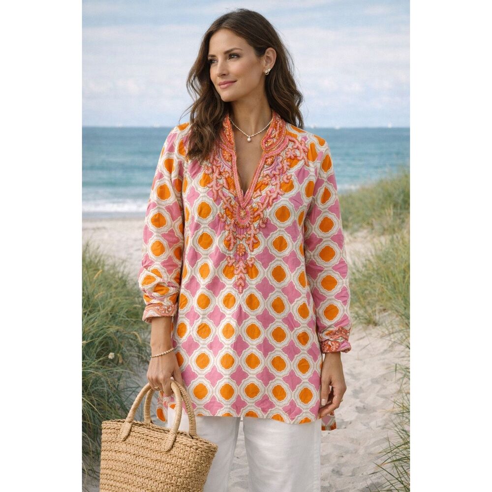 BARBARA GERWIT Beaded Tunic Top Lightweight Beach Pink Orange coastal resort, Sm
